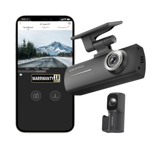Sleek pill-shaped DDPAI N1 Dual front dashboard camera mounted to a vehicle windshield next to its rotatable cylindrical rear-facing camera unit.