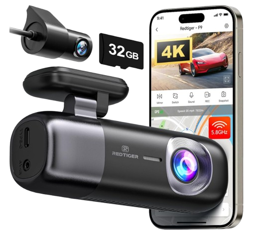 Premium REDTIGER F9 dual dash camera hardware bundle displaying the large-aperture 4K front main unit next to its compact 1080P rear camera accessory and wiring kits.