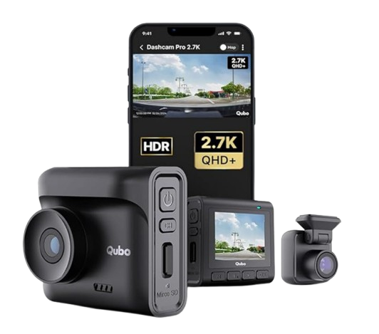 Qubo Car Dashcam Pro 2.7K dual channel setup featuring a compact black front camera with a built-in 2-inch LCD display screen alongside its small companion rear camera lens.