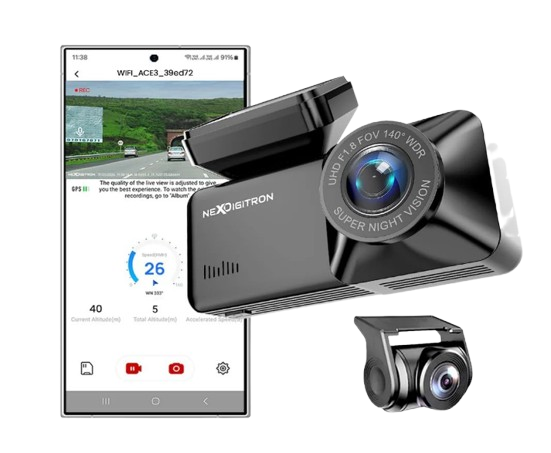NEXDIGITRON ACE 3 Dual dashboard camera system highlighting the front camera unit with its integrated 3-inch preview display screen and the separate rear windshield camera module.