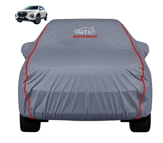 FABTEC heavy duty grey waterproof car cover with red piping on Maruti Fronx