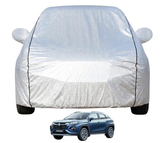 Pivalo 110 GSM 3 layer waterproof silver car cover with buckle lock on Maruti Fronx