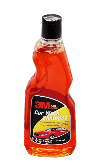 3M Auto Specialty Car Wash Shampoo 500ml transparent orange bottle with red car illustration