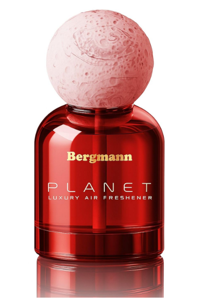 Bergmann Planet Romance luxury car air freshener featuring an elegant deep red premium glass bottle inspired by starry night skies