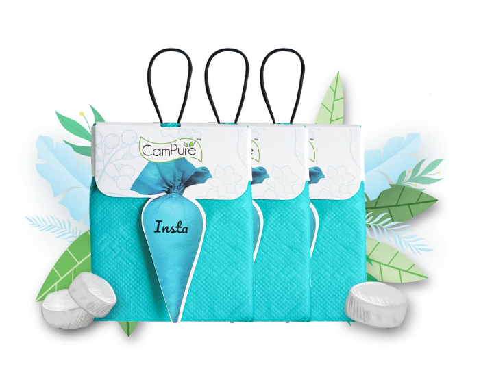 CamPure Camphor Insta Pouch blue fabric hanging bag filled with 100% organic natural pine tree camphor granules