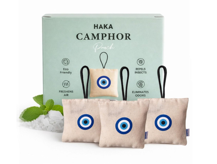 Haka Camphor Pouch pack of three eco-friendly breathable fabric bags with traditional blue evil eye print and hanging loop