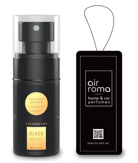 AIR-ROMA Black Musk premium anti odour car perfume spray liquid in a sleek black 60ml pump bottle