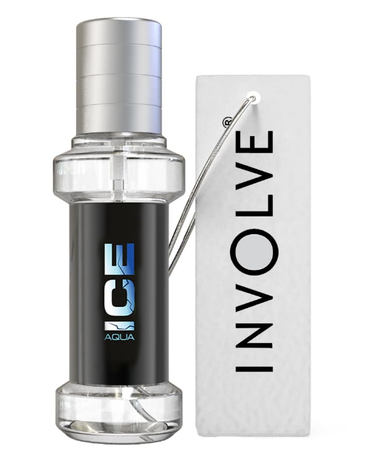 Involve Elements Aqua Ice pure gas-free car perfume spray bottle alongside its matching abstract blue aesthetic hanging card diffuser