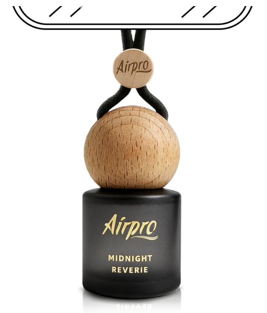 Airpro Veil Midnight Reverie luxury hanging car perfume consisting of a clear glass pod filled with oil and a handcrafted square wooden diffuser lid