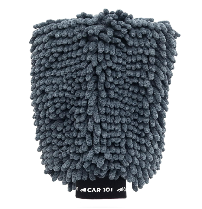 CAR101 1800 GSM thick grey microfiber car washing glove holding soapy water over a clean vehicle panel