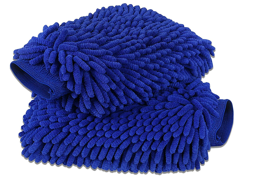 Pack of two blue Saiyam double-sided large chenille microfiber cleaning hand gloves for car and bike washing