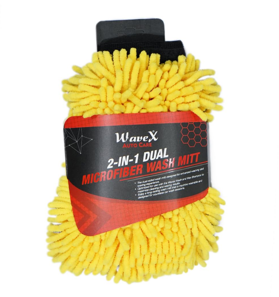 WaveX blue 2-in-1 dual-sided microfiber car wash mitt showing the plush washing side and smooth waxing pile side