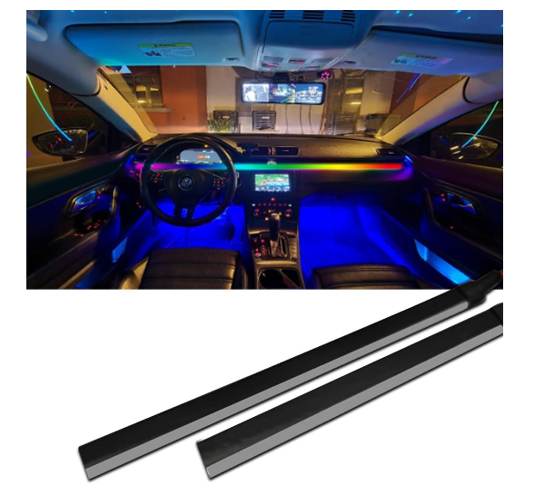 Carzex K4 matrix multi-color app-controlled interior car ambient lighting kit showing flowing multi-color streamer effects on a dashboard