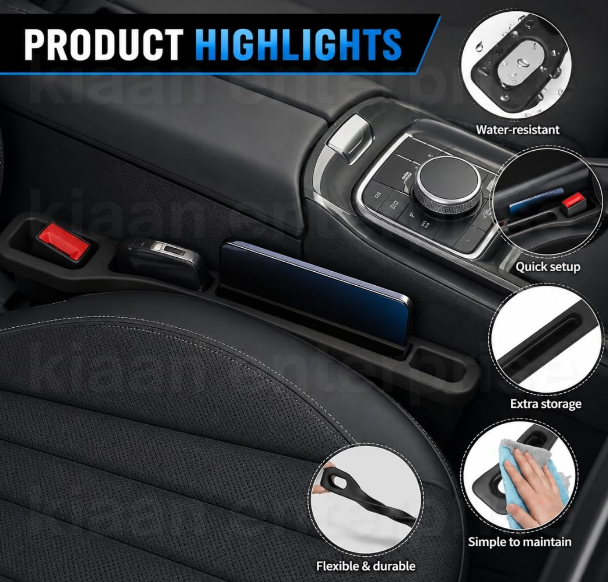 Flexible black multi-compartment car seat gap filler sleeve with built-in dividers for phone and card storage, showcasing a precise cutout alignment around a vehicle seat belt buckle.