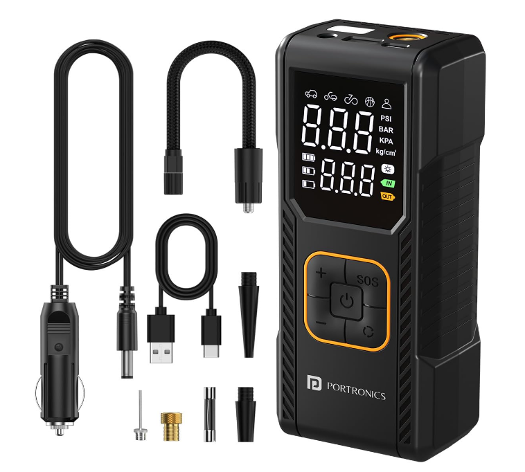 Portronics Vayu 9.0 portable tyre inflator with digital LED display showing tyre pressure metrics alongside its 12V DC auxiliary charging cable.