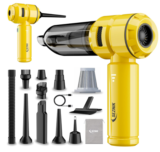 SEZNIK Mustangg 4-in-1 cordless car vacuum cleaner and high-velocity air blower handheld unit with its 10-piece multi-purpose attachment kit.