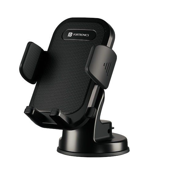 Portronics Clamp M4 dashboard mobile phone holder with a heavy-duty industrial-grade suction gel pad and a 360-degree rotating mechanical cradle.