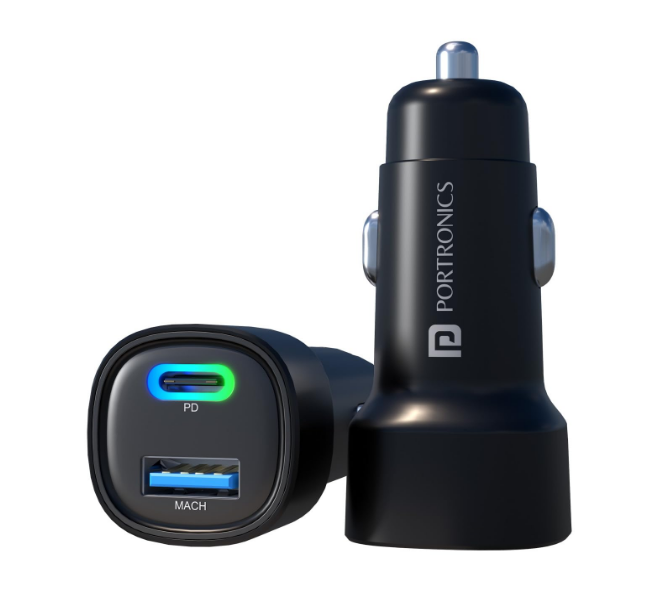 Portronics Car Power 80W ultra-fast car charger adapter showing its dual Type-C Power Delivery and high-output USB-A charging ports.