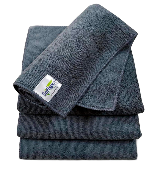 ShineXPro paraffin-wax coated long-handled car duster next to a 4-pack of multicolored SOFTSPUN 340 GSM premium microfiber cleaning cloths.