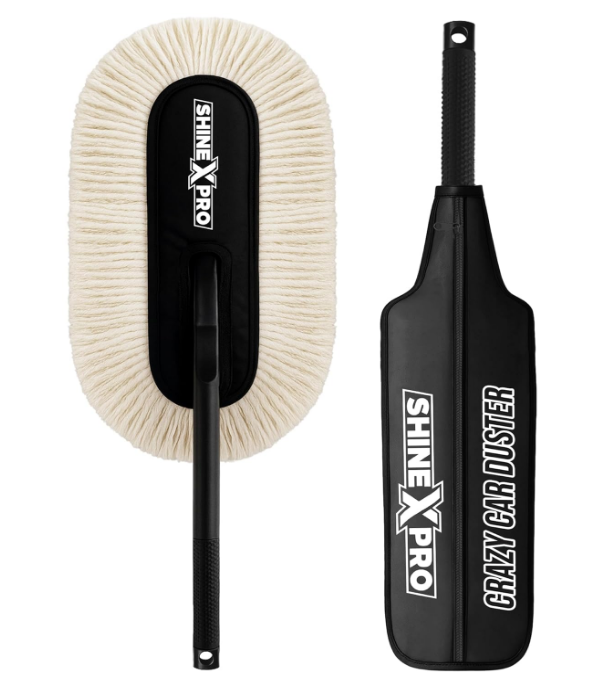 ShineXPro paraffin-wax coated long-handled car duster next to a 4-pack of multicolored SOFTSPUN 340 GSM premium microfiber cleaning cloths.