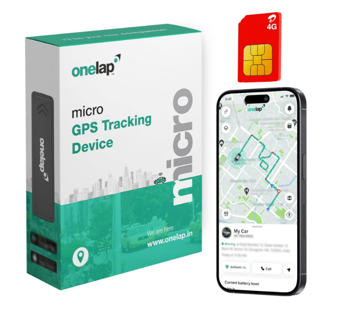 Onelap Micro wired 4G LTE hidden GPS tracking device showing its compact, battery-friendly hardware housing and wiring harness connectivity.