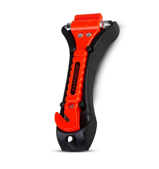 Robustt 2-in-1 emergency escape car safety hammer featuring dual hardened carbon steel window-shattering points and a recessed seatbelt cutter.