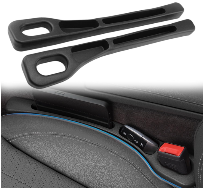 A pair of Miortior black premium PU leather car seat gap filler organizers inserted securely between the front bucket seats and the center console crevice.