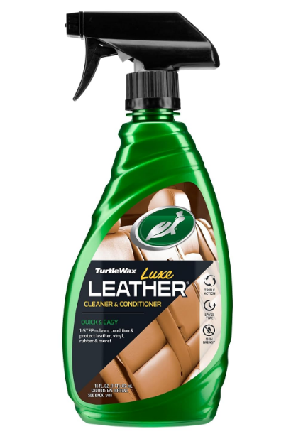 Turtle Wax Luxe Leather Cleaner and Conditioner spray bottle showcasing its 3-in-1 formula enriched with natural cocoa butter and Aloe Vera.