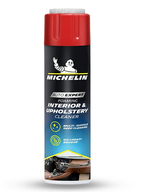Michelin foaming interior cleaner aerosol spray can highlighting its advanced deep-cleaning foam action designed for multi-surface streak-free drying.