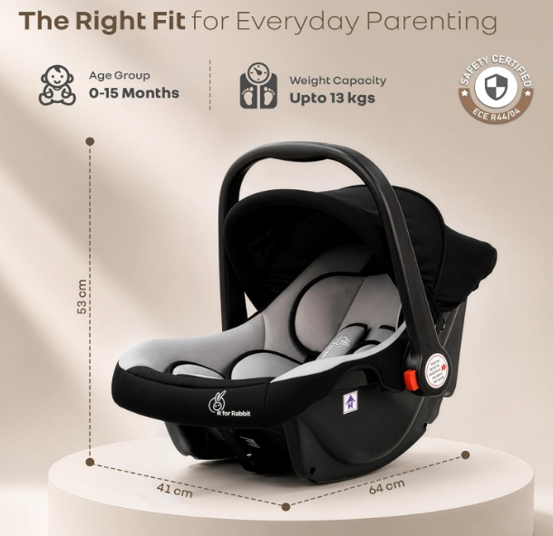 R for Rabbit Picaboo 4-in-1 infant carry cot and baby car seat in black grey showcasing the deep padded side wings and adjustable handle positions.