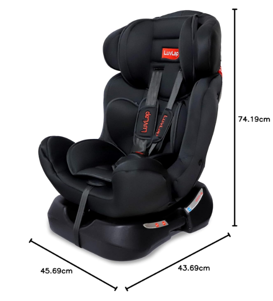 LuvLap Galaxy convertible baby car seat in solid black detailing the 5-point safety harness system and adjustable plush headrest cushion.