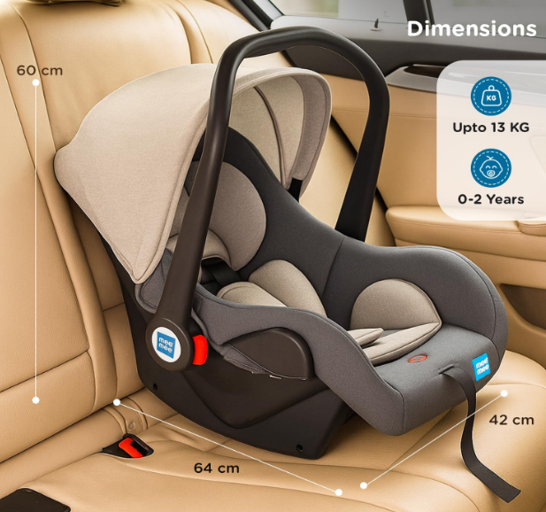 Mee Mee Little Explorer 4-in-1 baby car seat and carry cot in grey highlighting the integrated sun protection canopy and lightweight portable frame.