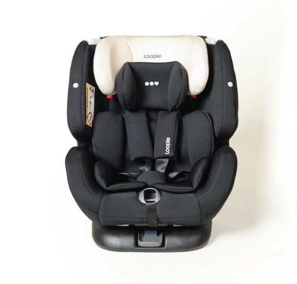 Loopie Lap 360-degree swivel convertible baby car seat in black charcoal showing the rigid ISOFIX locking arms and top tether attachment.