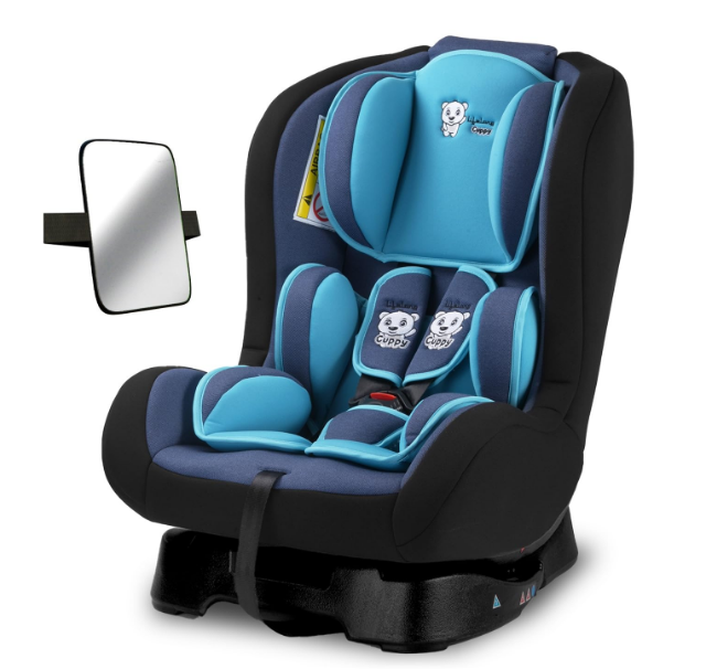 Lifelong Cuppy convertible baby car seat in blue and grey displaying the thick shock-absorbing side-impact wings and detachable seat cushion.