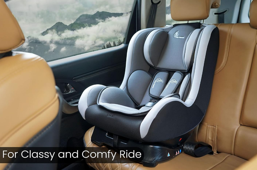 R for Rabbit Jack N Jill convertible baby car seat in black grey showcasing its compact frame layout designed for smaller vehicle rear rows.
