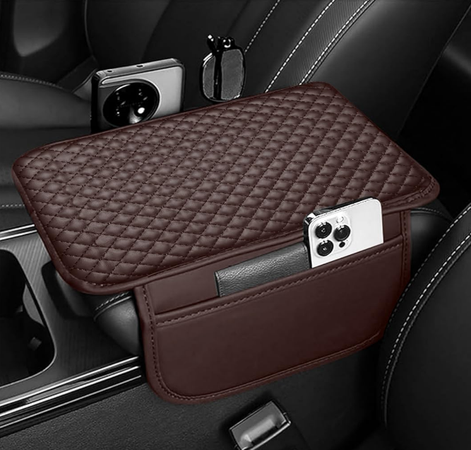 Lyrovo mocha brown PU leather car armrest cushion pad displaying its dual side open storage sleeves and double flexible elastic installation straps.