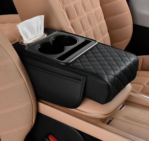 Shiv Shakti 5-in-1 multi-functional car armrest cover in quilted NAPA leather showing integrated cup holders and top slot for a tissue box.