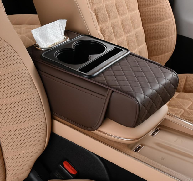 Siago SIA399 premium diamond-quilted brown PU leather car armrest cover showing twin side zippered storage bags and anti-slip silicone dot backing layout.