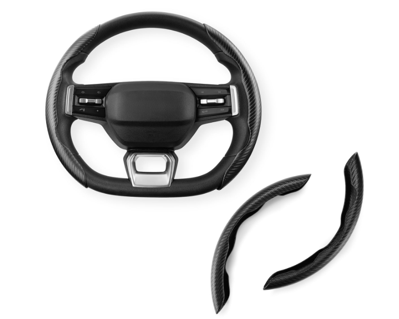 Amazon Basics two-piece carbon fiber textured steering wheel grip set in black showing its non-slip, sweat-proof surface design.