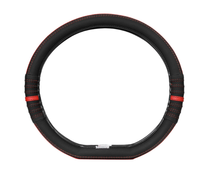 Soft X black and red perforated faux leather D-shape steering wheel cover for flat-bottom wheels showcasing breathable ventilation holes.