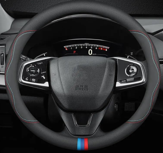 Line Rider PROSFIA sporty Nappa leather steering wheel cover in black with red and blue contrasting double-line stitching.