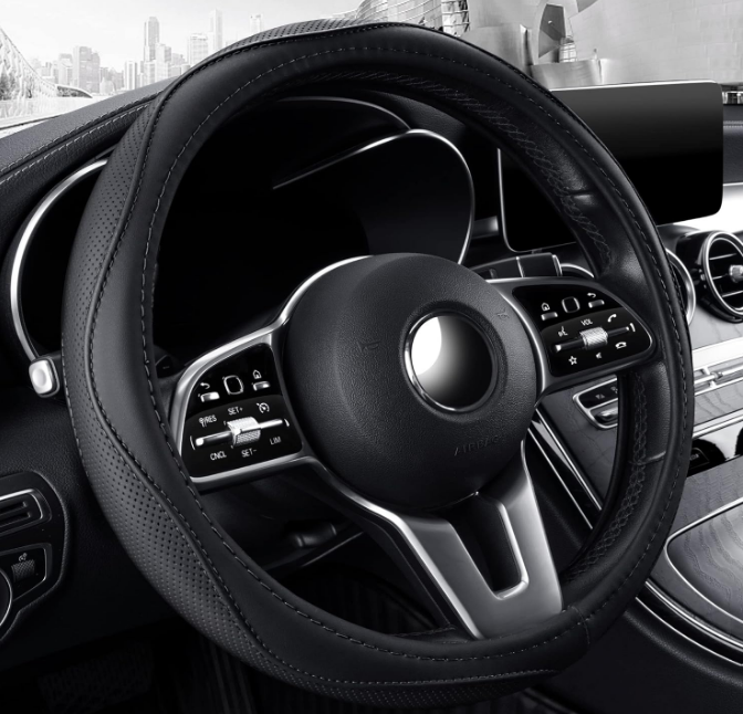 TAPHA black microfiber leather universal steering wheel cover showing the smooth, ductile finish designed for easy tool-free installation on 15-inch rims.