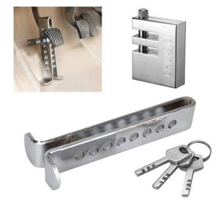 Autobizarre heavy-duty chrome-plated stainless steel clutch and brake pedal lock with adjustable 8-hole security mechanism.