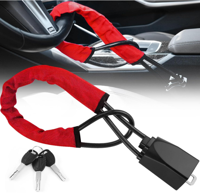 Autobizarre red metal steering wheel to seat-belt security lock designed for fast installation and high-visibility vehicle theft deterrence.