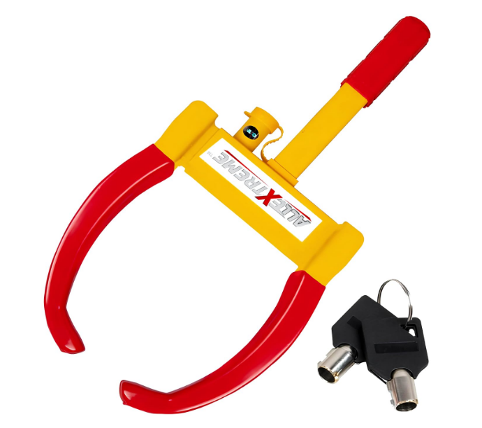 AllExtreme heavy-duty red and yellow adjustable tire claw parking boot lock for complete wheel immobilization on cars and SUVs.