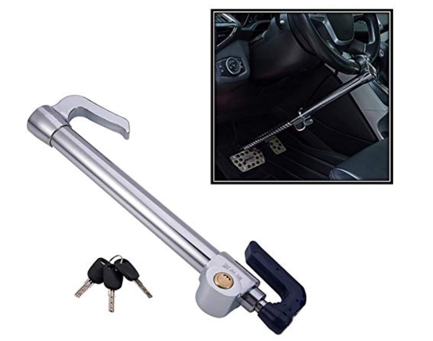 Autobizarre polished stainless steel double protection security lock connecting the steering wheel to the brake pedal for maximum anti-theft defense.
