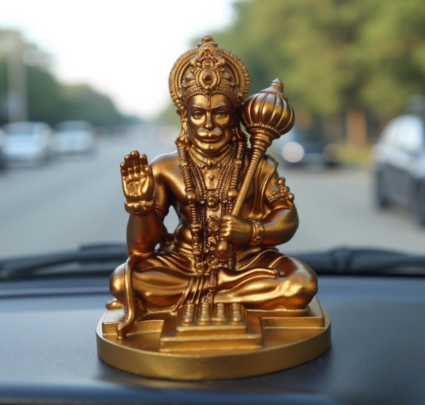 Golden Hanuman idol for car dashboard with metallic finish, designed for protection and highway travel.