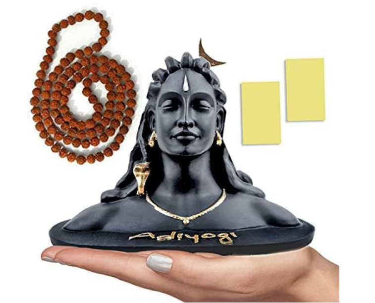 Matte black Adiyogi Shiva statue for car dashboard with a stable base and miniature Rudraksha mala.