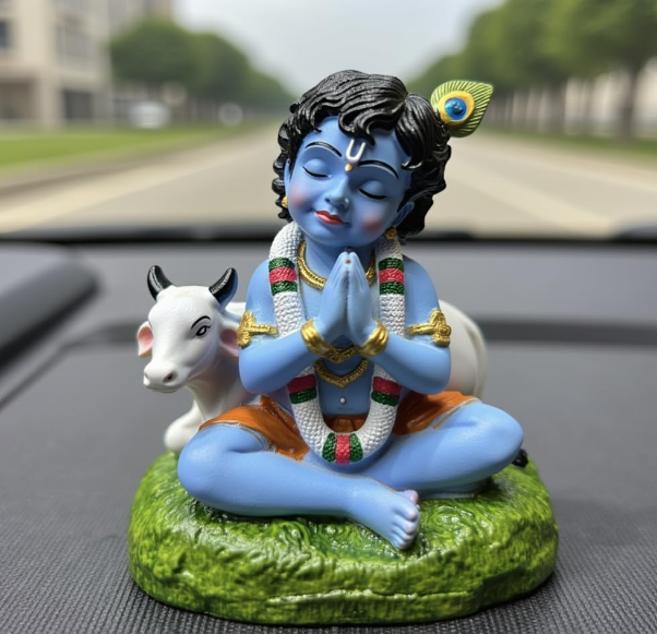 Serene blue matte finish Bal Krishna idol for car dashboard, ideal for a peaceful and joyful driving experience.