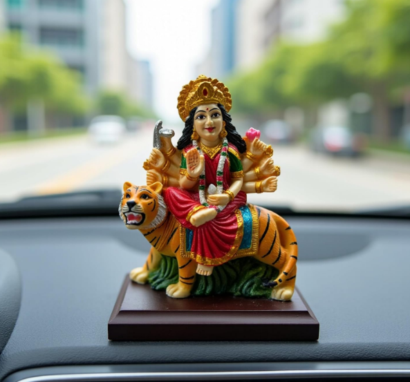 Vibrant, hand-painted Durga Mata resin idol for car dashboard, featuring a neutral brown base for secure placement.